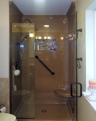 Walk in shower with custom seats and caddy